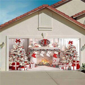 White Christmas Fireplace Garage Door Decoration Background Winter Xmas Tree